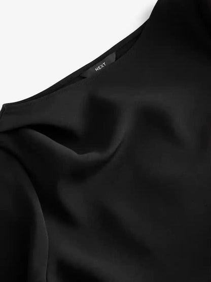 Black Ruched Short Sleeve Midi Dress