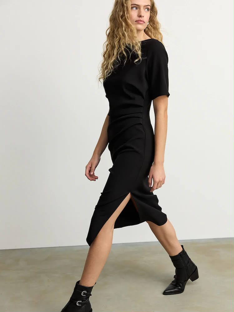 Black Ruched Short Sleeve Midi Dress