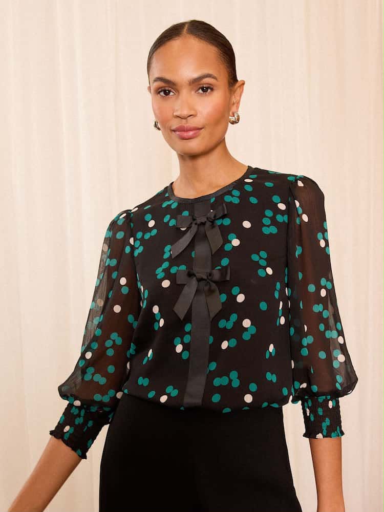 Black Spot Bow Detail Crew Neck Sleeve Blouse