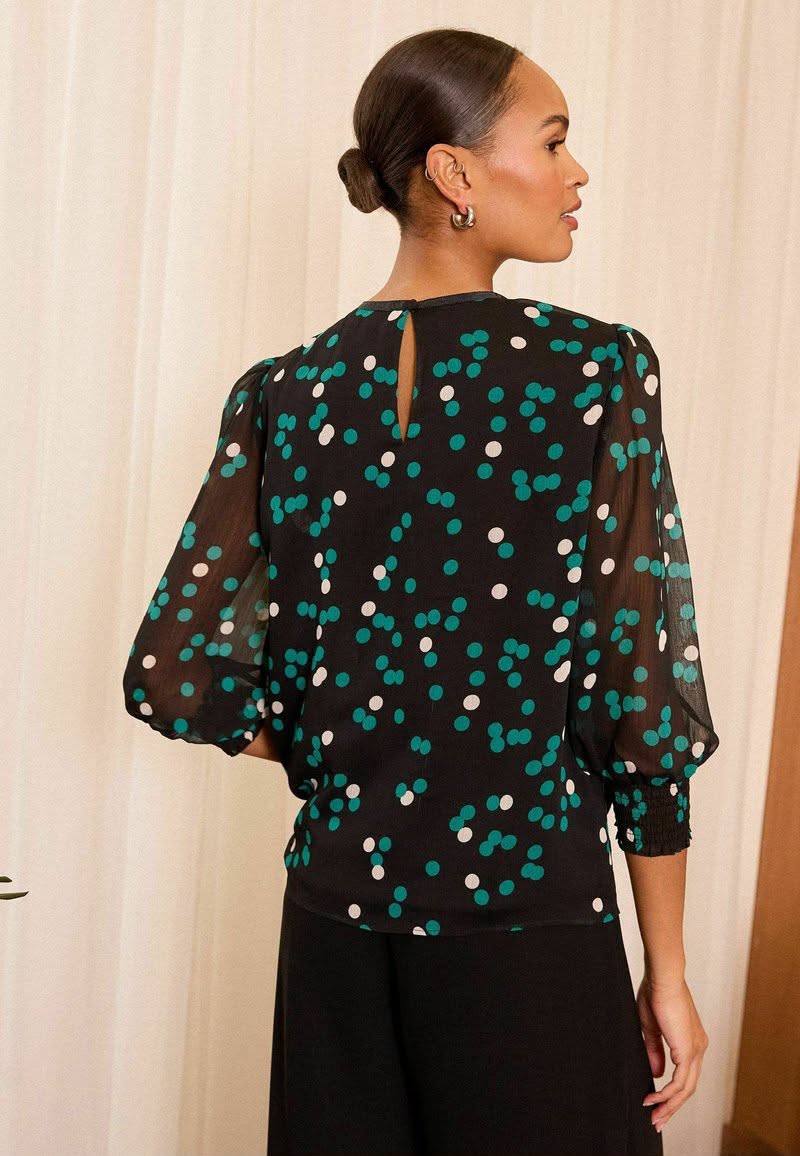 Black Spot Bow Detail Crew Neck Sleeve Blouse
