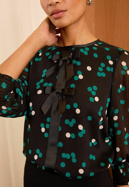 Black Spot Bow Detail Crew Neck Sleeve Blouse