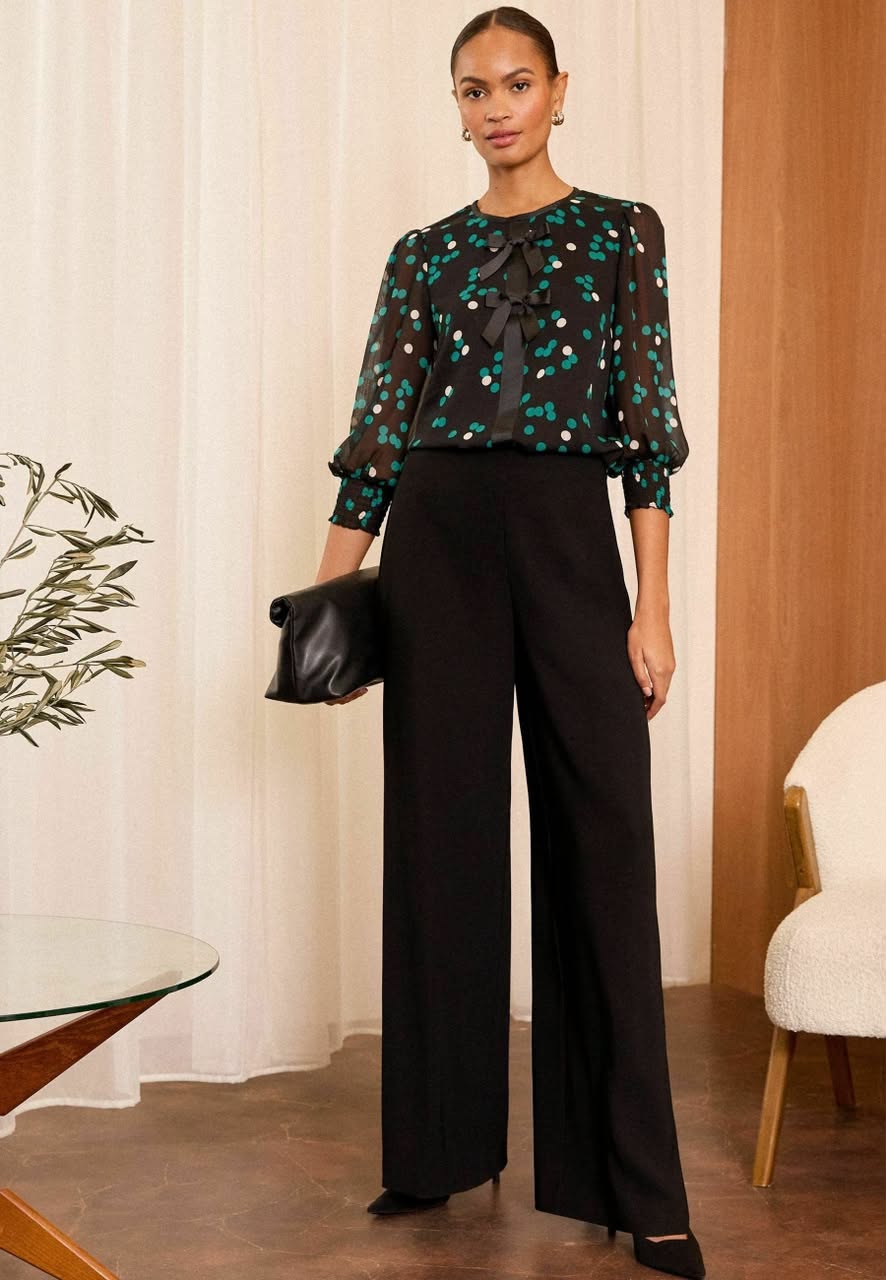 Black Spot Bow Detail Crew Neck Sleeve Blouse