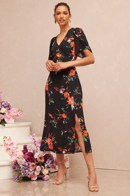 Navy Floral Flutter Sleeve V Neck Tie Black Split Midi Dress
