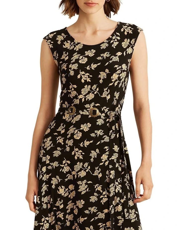 Floral Belted Jersey Cap Sleeve Dress In Black