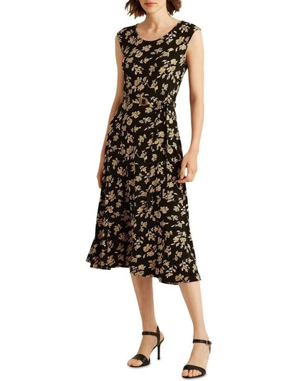 Floral Belted Jersey Cap Sleeve Dress In Black
