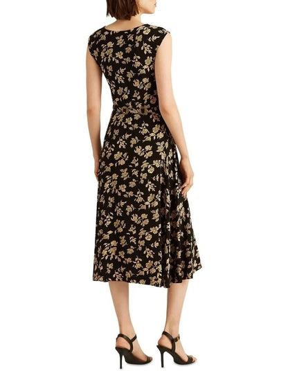 Floral Belted Jersey Cap Sleeve Dress In Black