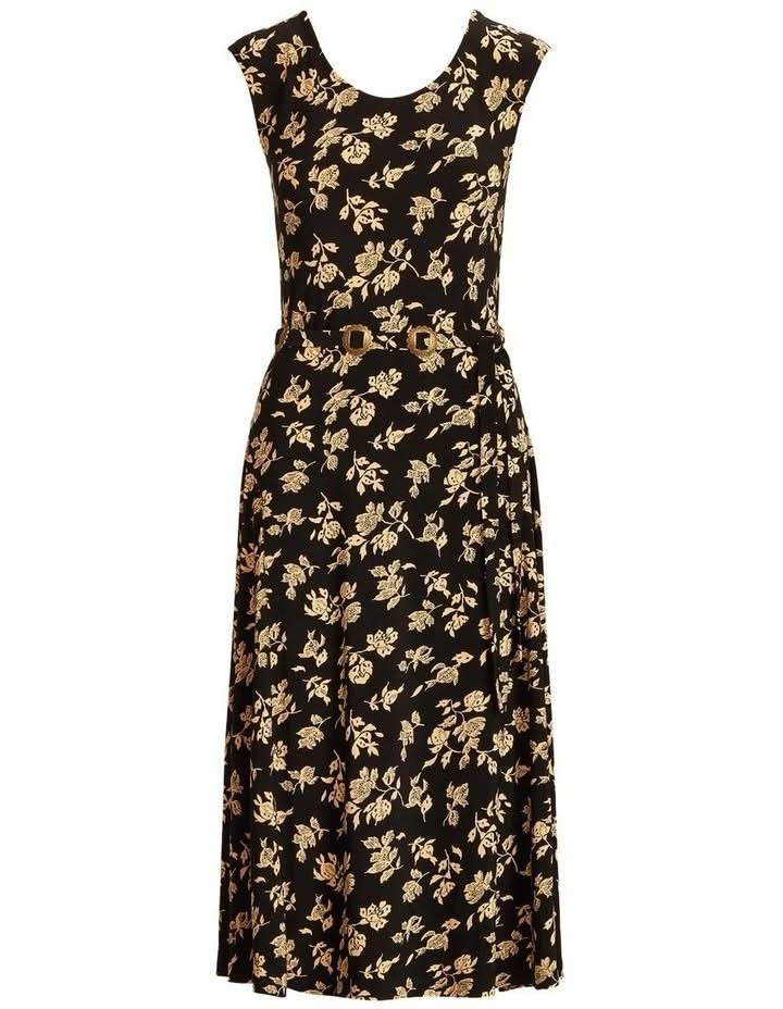 Floral Belted Jersey Cap Sleeve Dress In Black