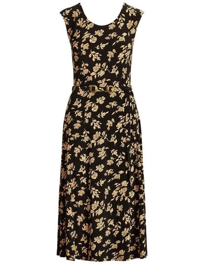 Floral Belted Jersey Cap Sleeve Dress In Black