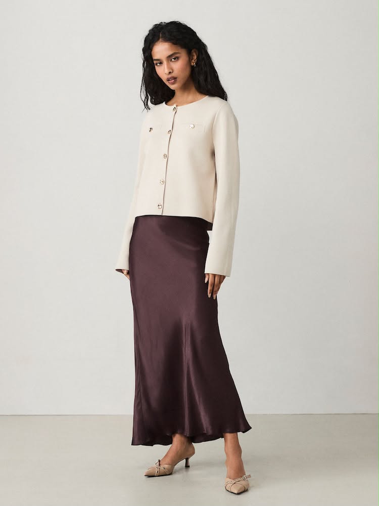 Chocolate Brown Satin Midi Skirt