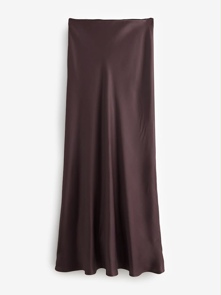 Chocolate Brown Satin Midi Skirt