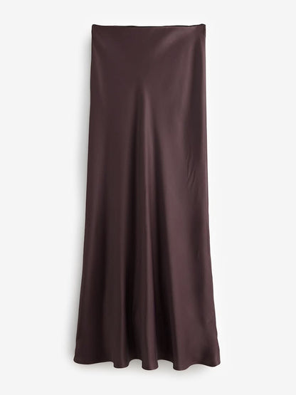 Chocolate Brown Satin Midi Skirt