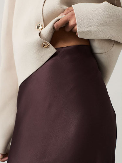 Chocolate Brown Satin Midi Skirt