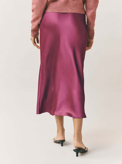 Dark Pink Satin Midi Skirt