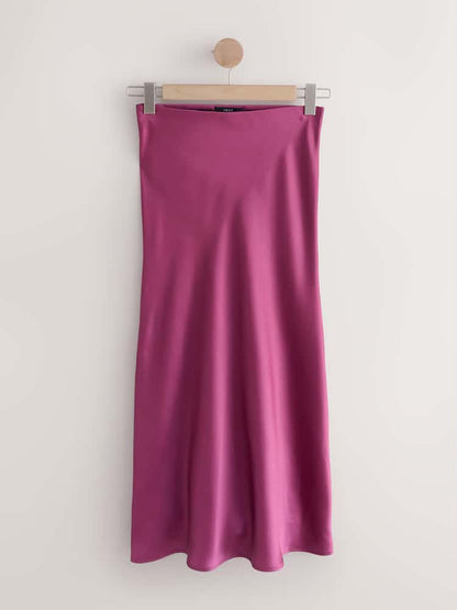 Dark Pink Satin Midi Skirt