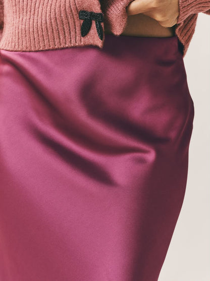 Dark Pink Satin Midi Skirt