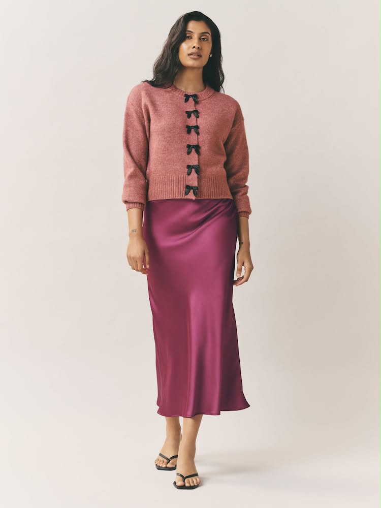 Dark Pink Satin Midi Skirt