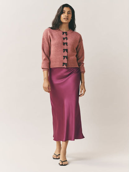 Dark Pink Satin Midi Skirt