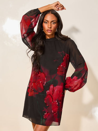 Red Print Long Sleeve Hand Embellished Floral Mini Shift Dress