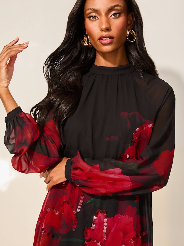 Red Print Long Sleeve Hand Embellished Floral Mini Shift Dress