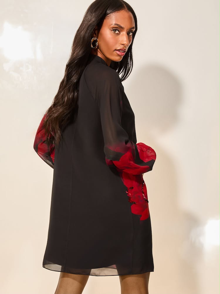 Red Print Long Sleeve Hand Embellished Floral Mini Shift Dress