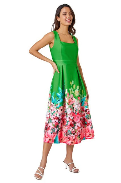 Premium Stretch Floral Midi  Dress
