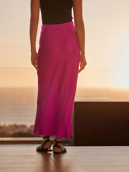 Pink Satin Midi Skirt