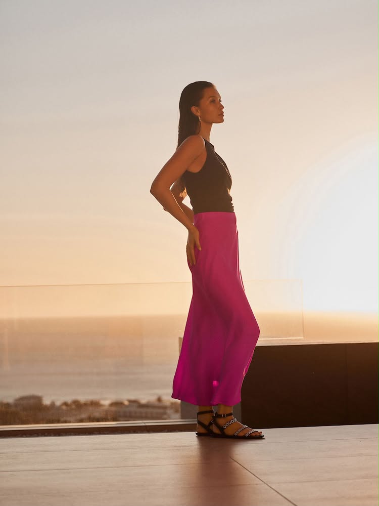 Pink Satin Midi Skirt