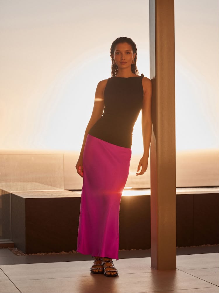 Pink Satin Midi Skirt