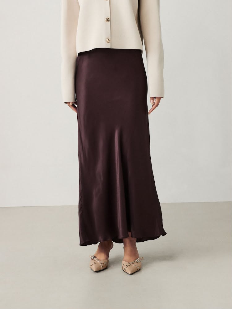 Chocolate Brown Satin Midi Skirt