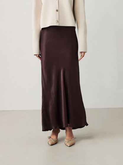 Chocolate Brown Satin Midi Skirt
