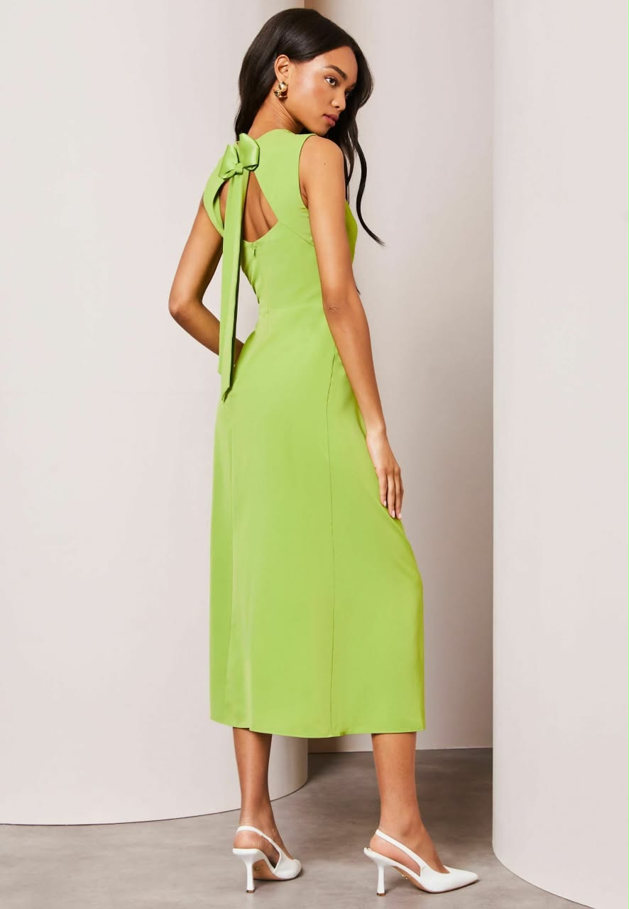 Green Draped Front Ruched Midi Off Summer Dress