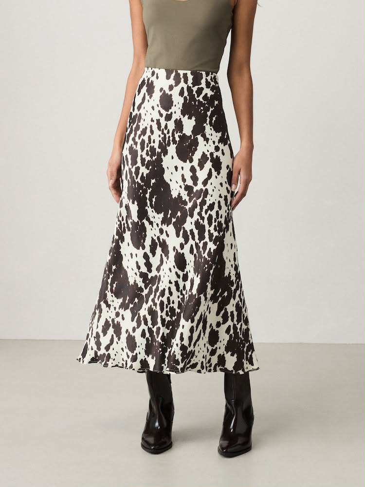 Tall Cow Print Satin Midi Skirt