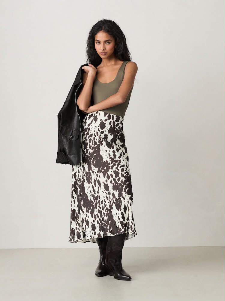 Tall Cow Print Satin Midi Skirt
