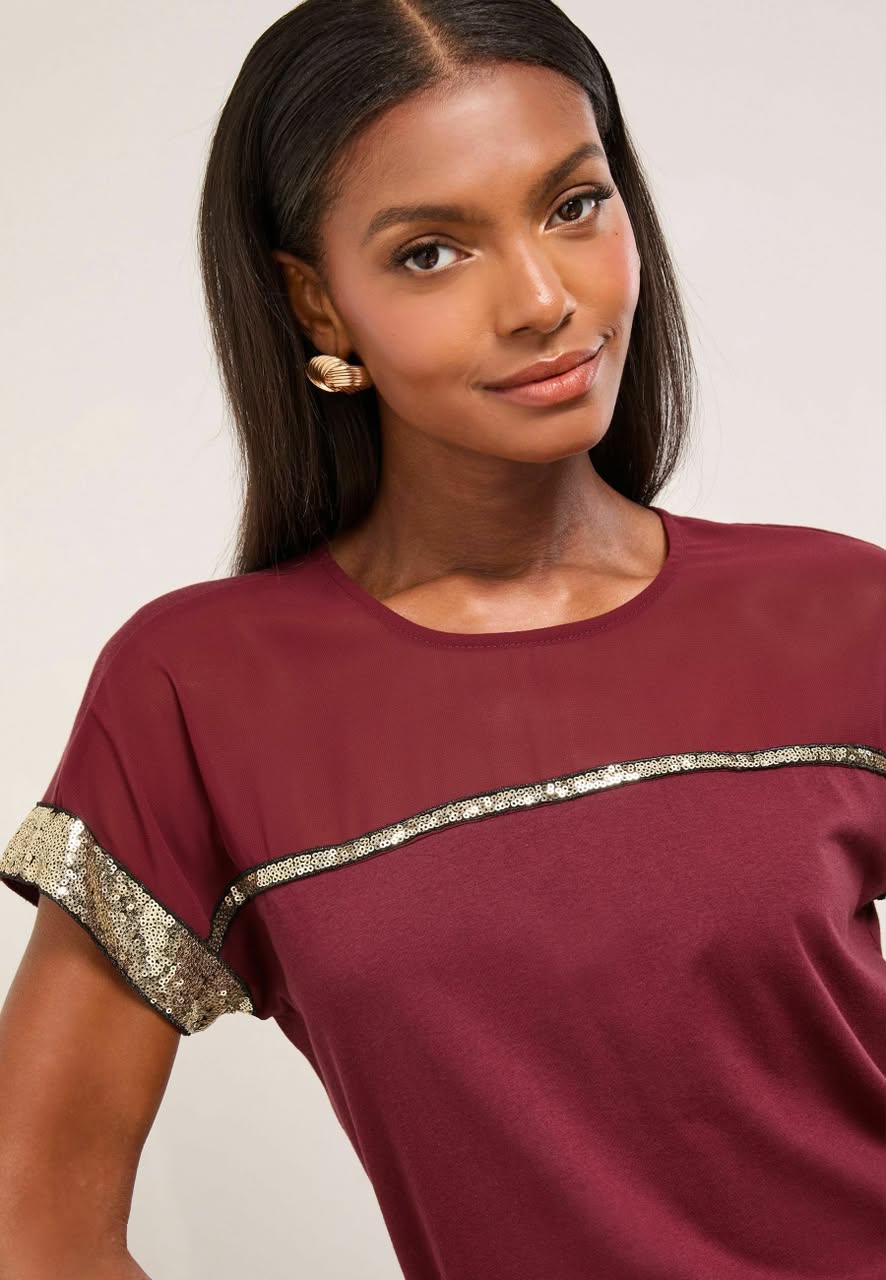 Crew Neck Print T-Shirt Burgundy Mesh Gold Sequin