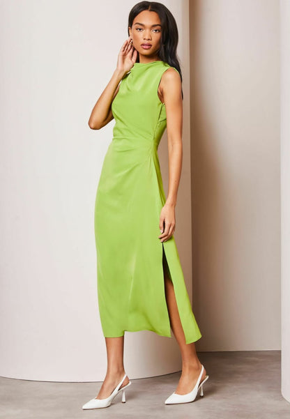 Green Draped Front Ruched Midi Off Summer Dress