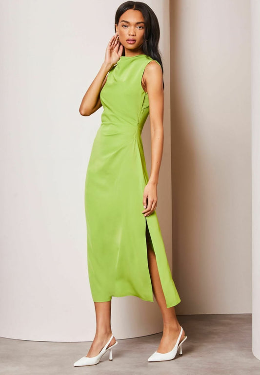Green Draped Front Ruched Midi Off Summer Dress