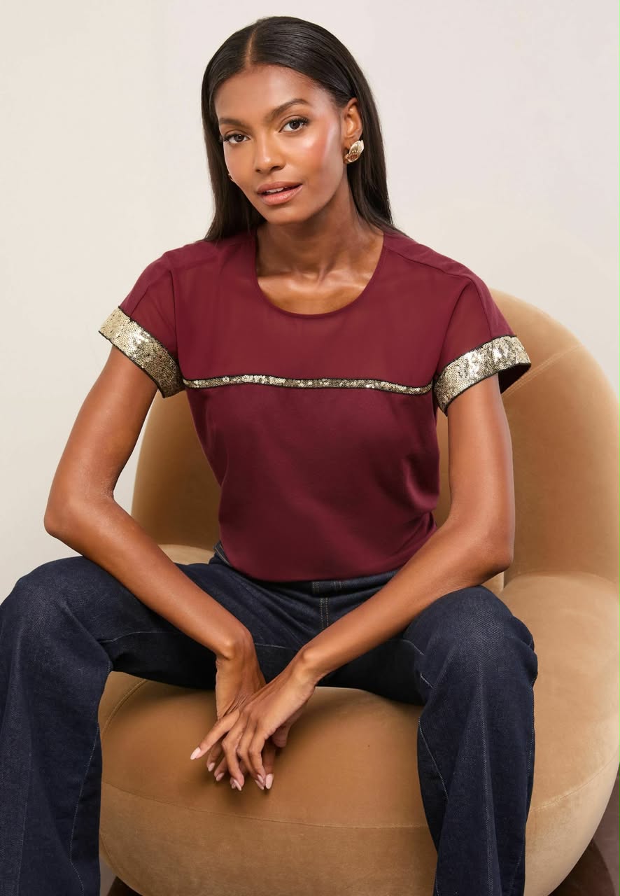 Crew Neck Print T-Shirt Burgundy Mesh Gold Sequin