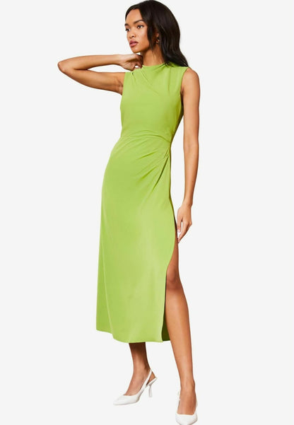 Green Draped Front Ruched Midi Off Summer Dress