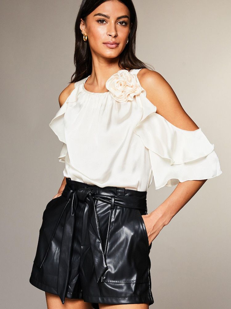 Cream Cold Shoulder Ruffle Corsage Top