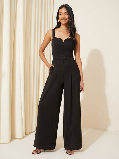 Twill Strappy Belted Wide Leg Tall Jumpsuit Black