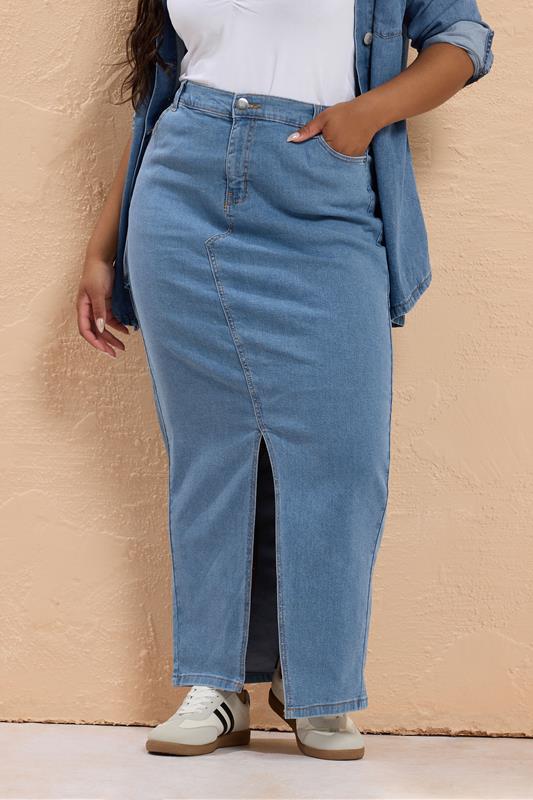 Curve Blue Denim Stretch Maxi Skirt