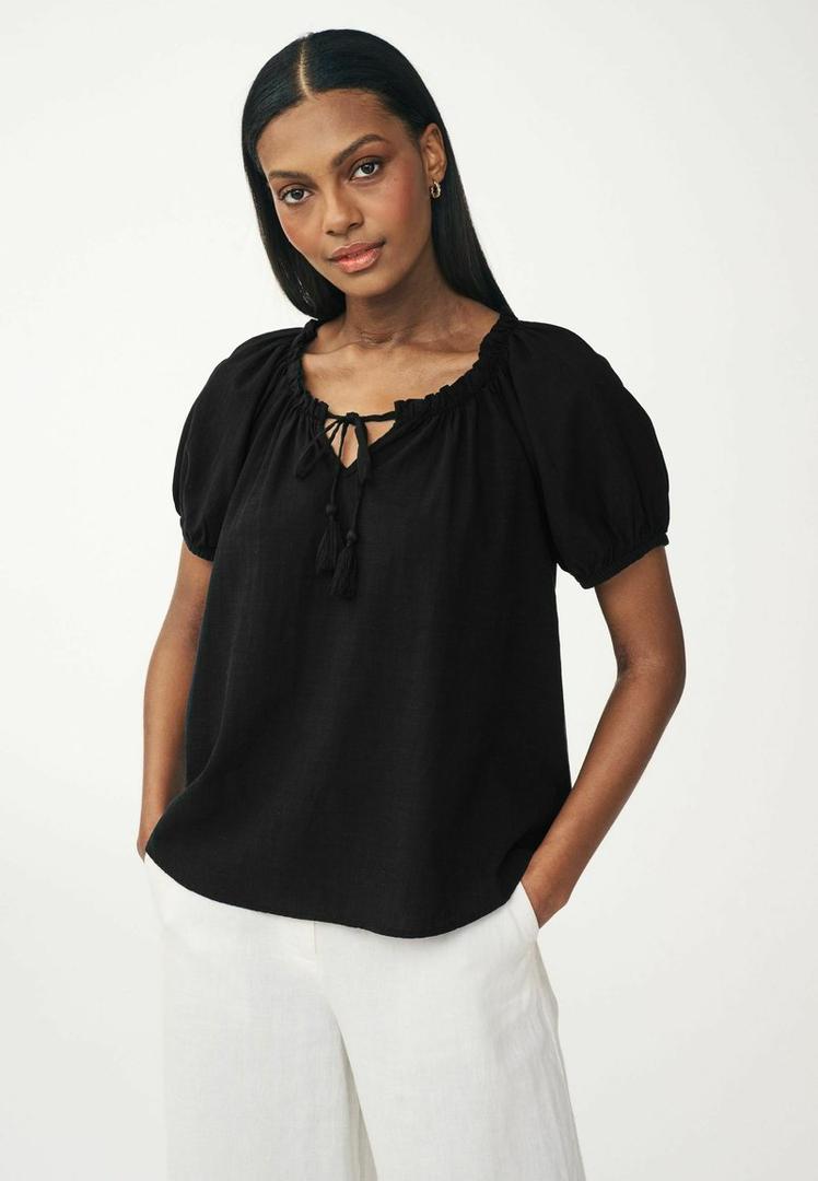 Short Sleeve Tie Neck Bardot Blouse Black