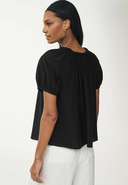 Short Sleeve Tie Neck Bardot Blouse Black