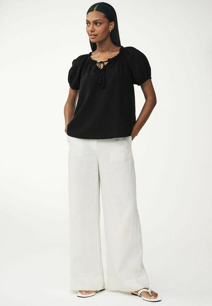 Short Sleeve Tie Neck Bardot Blouse Black