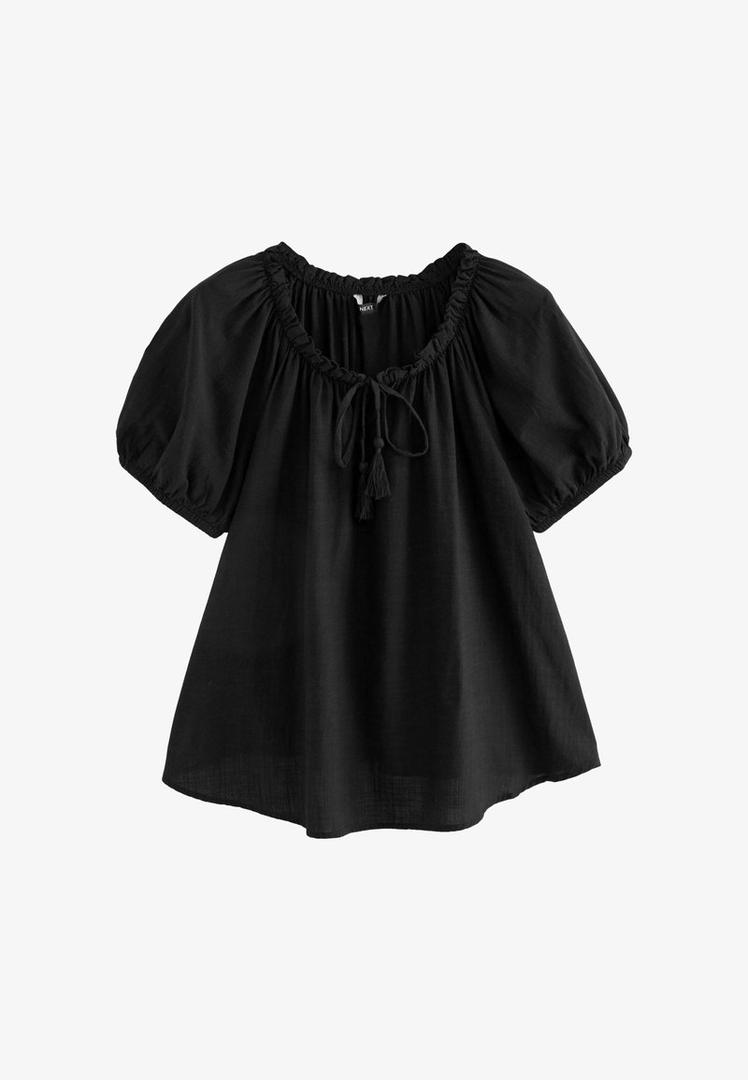 Short Sleeve Tie Neck Bardot Blouse Black