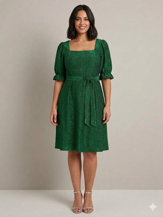 Yours Curve Green Glitter Square Neck Skater Dress