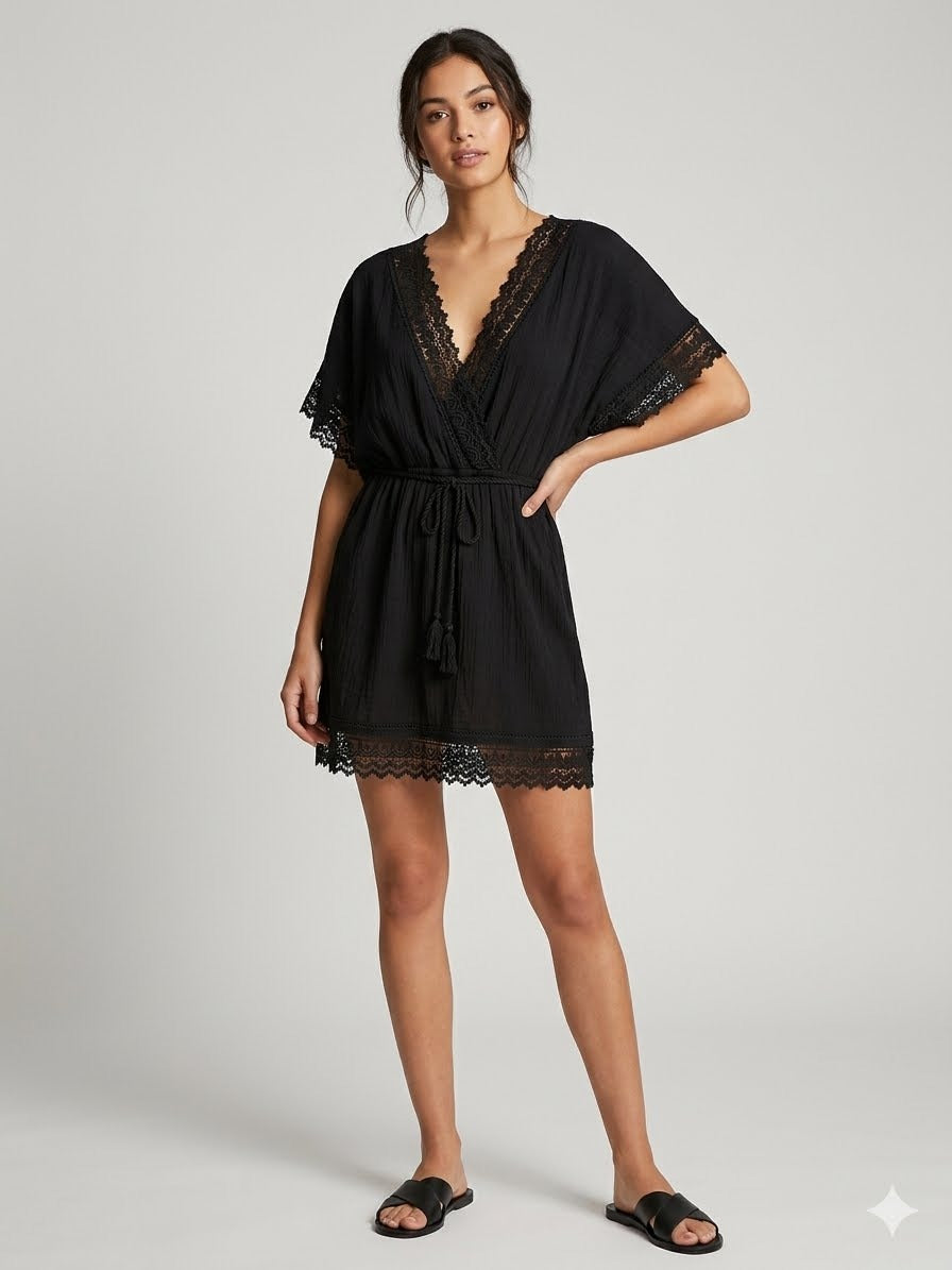Black Mini Lace Trim Tassel Tie Detail Kaftan