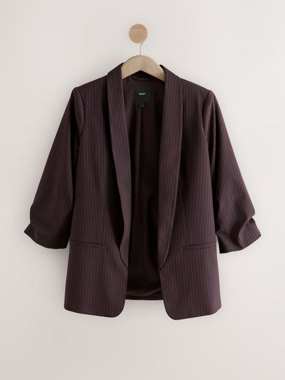 Burgundy Red Stripe Relaxed Ruched Sleeve Blazer
