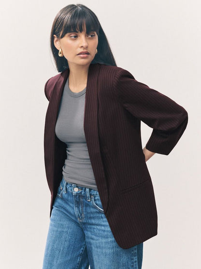 Burgundy Red Stripe Relaxed Ruched Sleeve Blazer