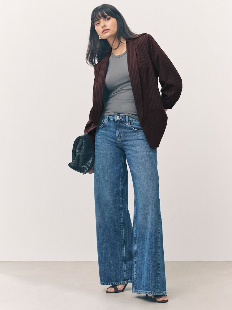 Burgundy Red Stripe Relaxed Ruched Sleeve Blazer